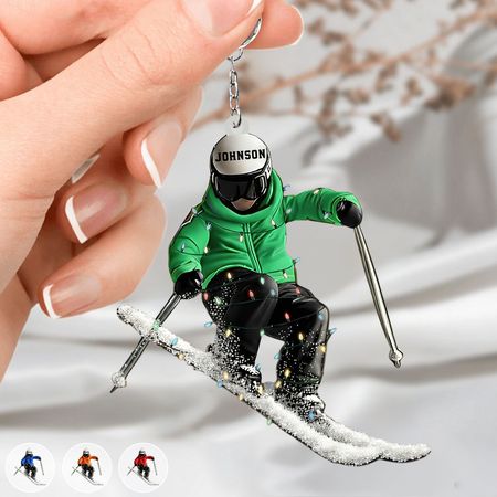 Funny Skiing Personalized Name Shaped Acrylic Keychain - Gift For Skiing Lovers